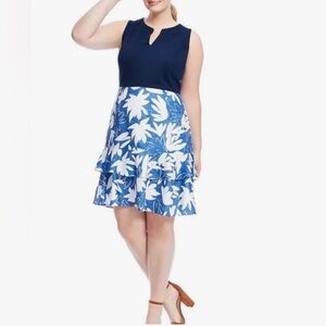 Hutch‎ Anthropologie Dress 16W Fit & Flare Navy Floral Tiered Skirt Preppy